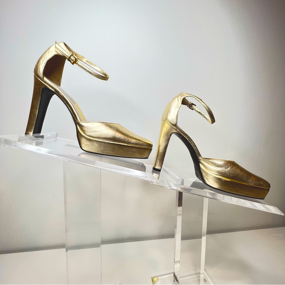 Gucci Metallic Gold Platform Ankle-Strap Pumps